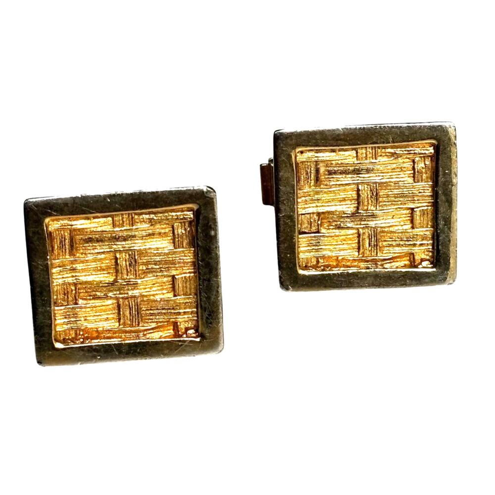 Vintage mid century cufflinks woven textured goldtone squares classic 1960's